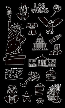 Portrait, bird, food, buildings, and statue. White drawing on a black background, vector illustration. Country symbols, hand-drawn line art.