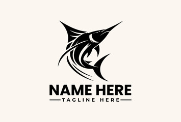 Obraz premium A black and white vector illustration of a stylized marlin fish logo with a customizable name and tagline on a clean background.