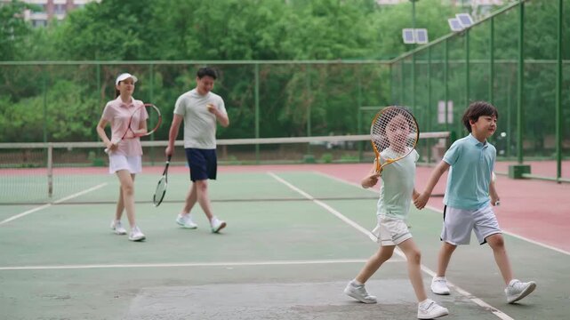 Happy family enjoying a lively game of tennis