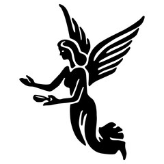 Fototapeta premium A minimalist black silhouette of a winged mermaid swimming through the air with outstretched arms.
