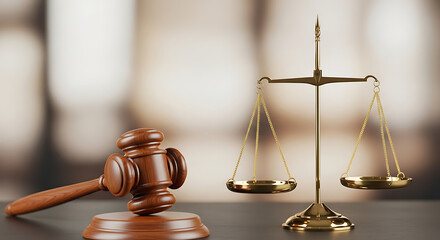 Professional legal wooden gavel and balanced golden scale of justice symbol standing on dark desk with blurred bokeh background and copy space for courtroom concept, Generative AI.