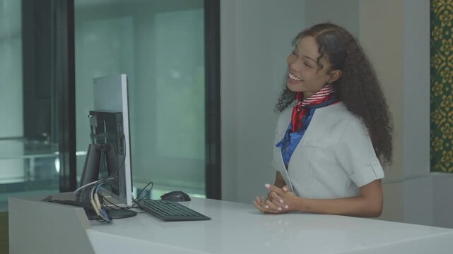 Airport Check-in Counter. Verifying Passenger During Passport Check in International Airport Terminal. air hostess checks passport and boarding pass at airport. customer service before flight.