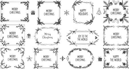 Set of Christmas hand drawn border frames. Xmas trendy vintage backgrounds in red, green and pink colors. Minimalist holiday posters, invitation, greeting card. Vector illustration.