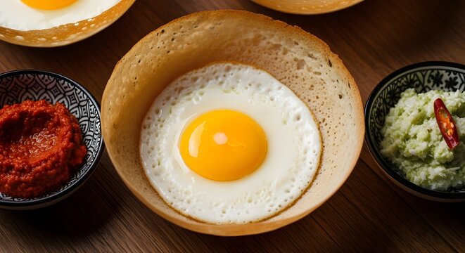 Sri Lankan egg hoppers with perfectly cooked sunny-side-up egg in the center, crispy bowl-shaped hopper, golden egg yolk, served with coconut sambol and chili paste, traditional Sri Lankan breakfast