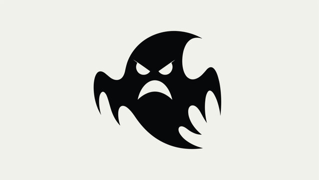 Black silhouette of an angry ghost with sharp teeth and glowing white eyes floating on a light grey background for Halloween theme.