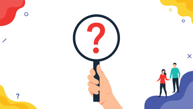 Large hand holding a magnifying glass with a red question mark inside, featuring a couple and abstract shapes in the background.