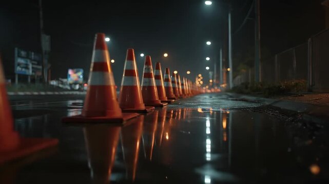 Row of Orange Traffic Cone Wet Asphalt Night Street City Light Urban Road Safety Reflection Illuminated Construction Caution Moody Atmosphere Rain Transportation Barrier Outdoor Security