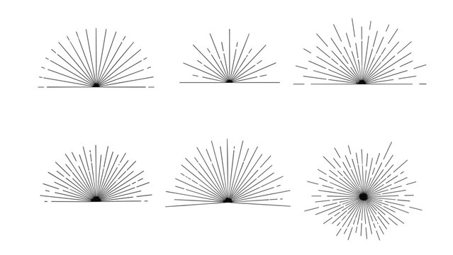 Set of six different semi-circular or radial line designs in black on a white background representing rising sun or half starbursts.