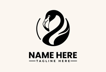 Obraz premium Black swan logo illustration with a circular design and sample text on a beige background, featuring a stylized icon and placeholder name and tagline.