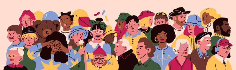 Big set of different age people stand side by side. Diverse multicultural, multiracial people. Cute characters. Family, teamwork, togetherness, community concept. Hand drawn trendy Vector illustration