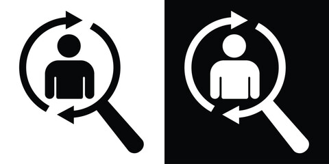 Obraz premium Silhouette of a person inside a magnifying glass with circular arrows. Vector icon representing candidate searching, recruitment cycles, user tracking, and human resources discovery.