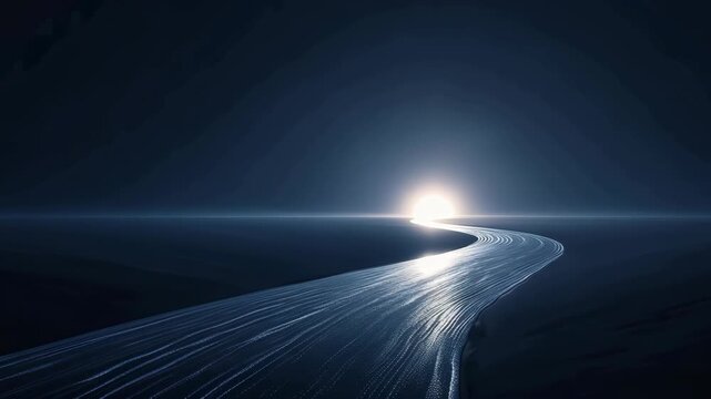 Futuristic abstract night road with glowing light curve and dark minimal landscape, surreal scene of illuminated path winding through mysterious blue horizon, digital fantasy sci fi energy journey