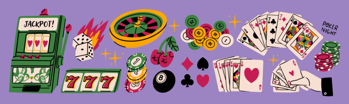 Casino icons set. Slots machine, burning dice, roulette, chips, lucky eight ball, cards. Hand drawn Vector illustration. Gambling, jackpot, luck, poker, blackjack, tournament, fortune, game concept