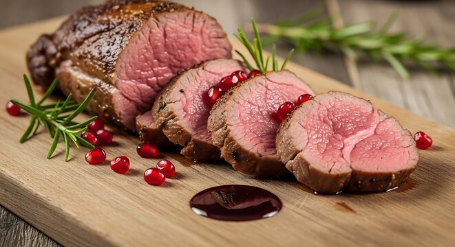 A traditional roasted turkey with herbs and cranberries on a rustic wooden board. agneau gigot