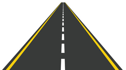 Straight asphalt road stretching into the horizon with a dashed white line in the middle and solid yellow lines on the edges.
