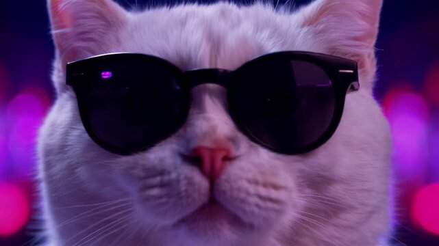 Funny white fluffy cat wearing black sunglasses close up against soft pastel background, stylish cool pet portrait. Concept of humor and trendy animal attitude