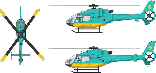 Modern helicopter aircraft multiple views side and top detailed aviation transport chopper vector illustration isolated on background © Mst