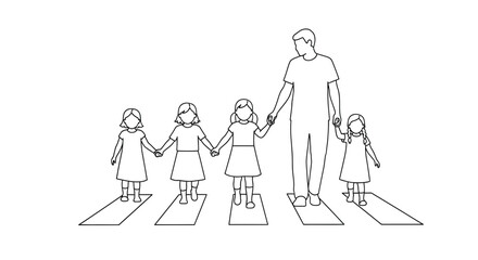 Father and daughters walking together.