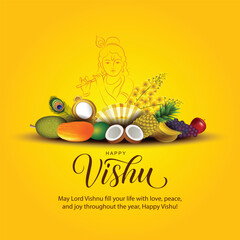 Happy Vishu greetings. April 14 Kerala festival with Vishu Kani, vishu flower Fruits and vegetables in a bronze vessel. vector illustration design