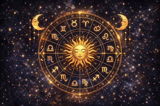 Astrology zodiac wheel, golden celestial horoscope chart with twelve zodiac signs and sun symbol, mystical cosmic astrology background, spiritual divination, zodiac constellation, horoscope prediction