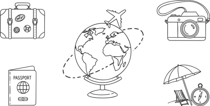 Simple travel icon collection featuring an airplane globe luggage and camera. Hand drawn outline symbols for tourism vacation and international journey branding materials