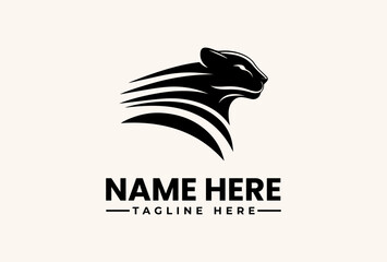 A black panther logo with flowing lines and a placeholder text for a company name and tagline on a beige background, featuring a vector illustration style. © vectorvovdesign