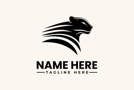 A black panther logo with flowing lines and a placeholder text for a company name and tagline on a beige background, featuring a vector illustration style.
