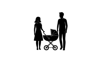 Silhouette of parents with baby stroller.