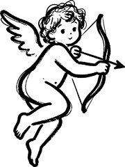 Fototapeta premium Cherubic cupid with bow and arrow flying angelic figure classic mythology love symbol black and white line art