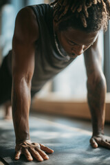 Fototapeta premium Nonbinary Black Pilates instructor demonstrating bridge pose. Inclusive, strength-based movement practice. Gender neutral person, performing pilates exercise, healthy lifestyle. Training for strenght.