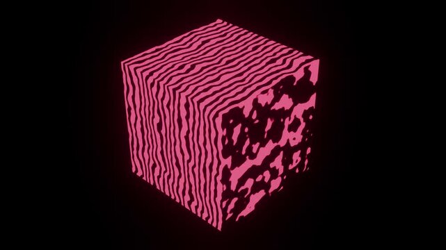 Abstract pink patterned cube animation with layered line texture floating on dark gradient background