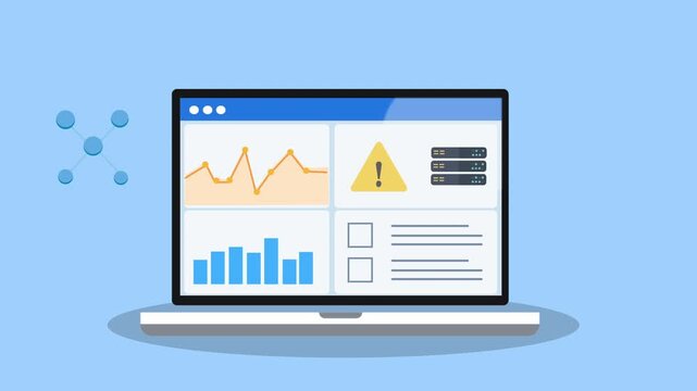 Flat vector animation of a laptop displaying a cybersecurity dashboard with charts, warning alert, and network nodes icon. Represents data connectivity, network monitoring, and digital security system