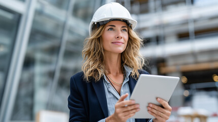 European Female Architect with White Hard Hat and Navy Blazer Reviewing Tablet at Construction Site