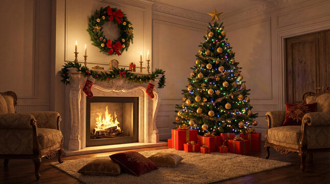 Elegant Classic Christmas Living Room Interior with Warm Fireplace and Wide Perspective