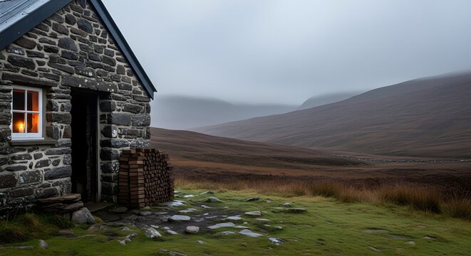 Stone bothy with a warm light in its window, nestled in a vast, misty, and rugged Scottish landscape under a grey sky.