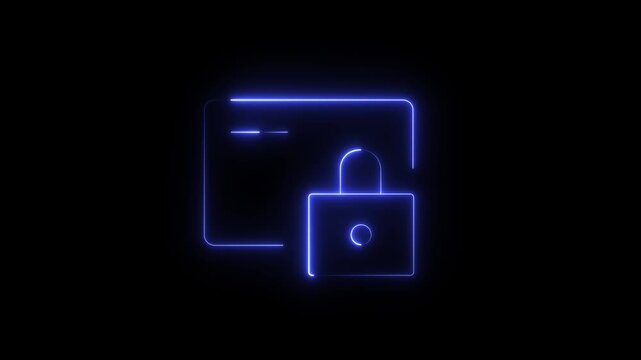 Glowing neon blue padlock and document outline animation on black background, concept of data protection, digital security, or privacy