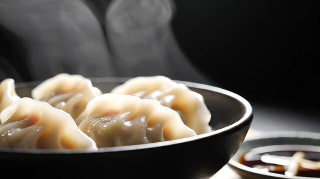 Steaming hot Asian dumplings in a black bowl with wisps of steam rising from the savory filling