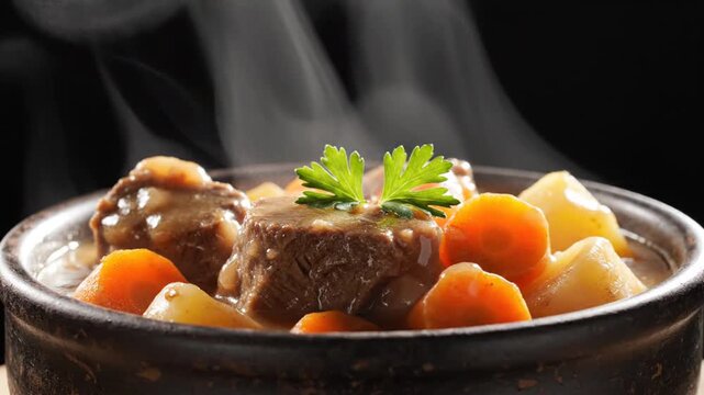 Steaming hot beef stew served in dark bowl with tender chunks of meat and colorful vegetables showcasing rich flavors and fresh