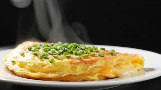 Steaming hot delectable cheese omelette topped with chopped chives on a black background in multiple frames capturing the aroma
