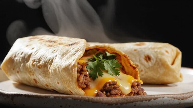 Close-up of steaming hot beef and cheese rolled wrap garnished with cilantro on a black background