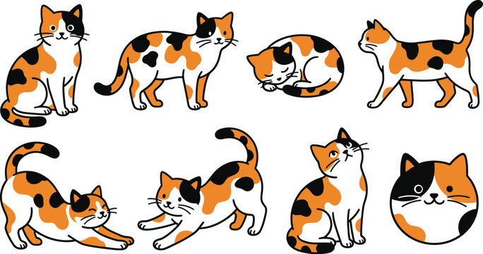Adorable calico tricolor cat illustrations with patchy back arched stretch pouncing tilted head in orange black white for cute pet design