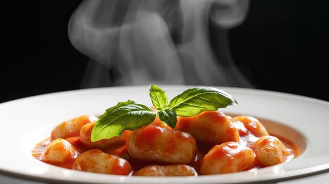 Steaming delicious gnocchi dish with fresh basil and rich tomato sauce presentation