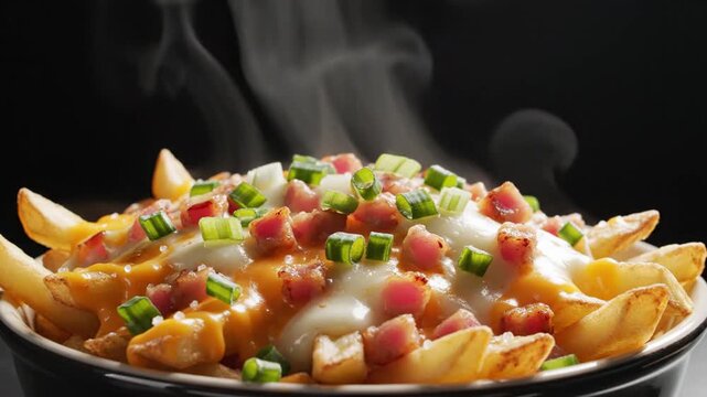 Close-up of hot steaming nacho cheese loaded pasta dish with melted cheese fresh herbs and greasy aroma