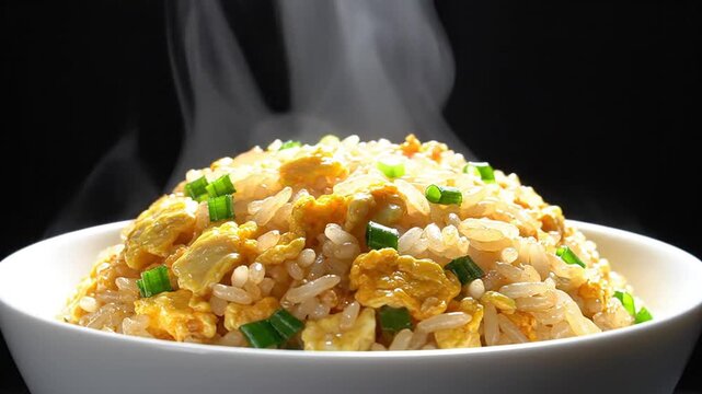 Close-up of steaming bowls of fragrant fried rice garnished with green onions in a cinematic style