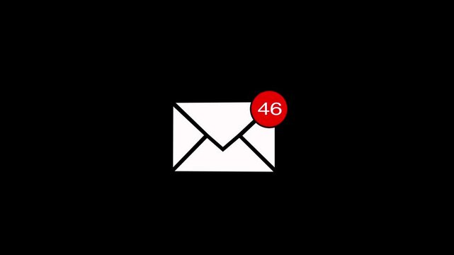 Massage count icon animation concept on black background. Animation of Email envelope with auto counting number on red circle metaphor income email and massage