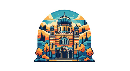 Colorful architectural illustration of a building with a dome against a landscape © Remb