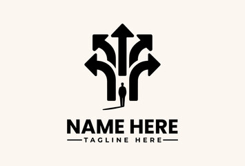 Obraz premium A logo design featuring a silhouette of a person standing at the intersection of multiple arrows on a beige background with placeholder text for a name and tagline.