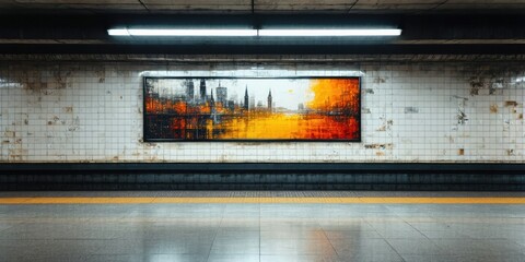 Fototapeta premium Subway station interior features artwork. Tiles cover walls, platform extends into darkness. Lighting illuminates painting, creating contrast.