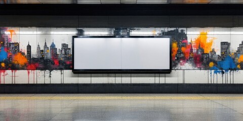 Fototapeta premium Subway station interior features blank billboard. Cityscape mural provides colorful backdrop. Tile floor, dark tunnel ambiance present.