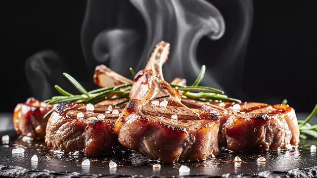 Succulent grilled lamb chops releasing aromatic steam garnished with rosemary and sea salt